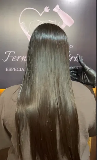 Cabelo longo, liso e castanho-escuro com brilho visto de costas
